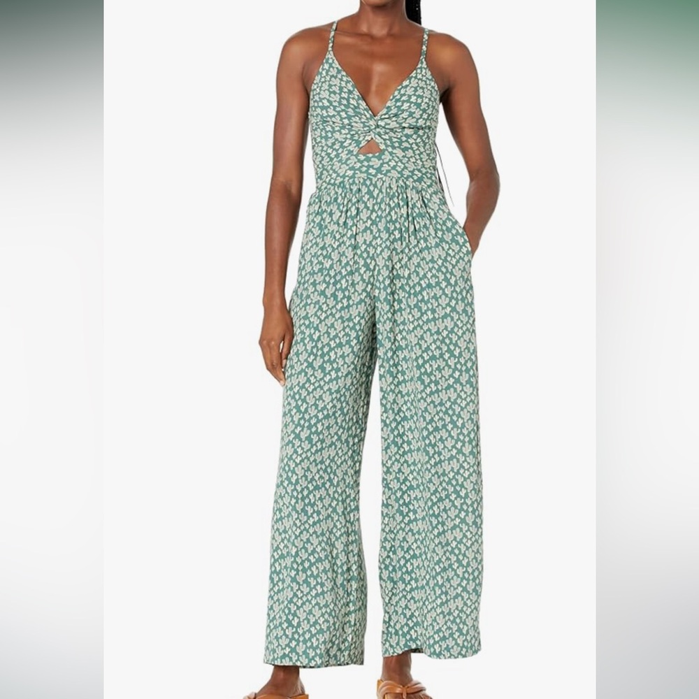 Angie Green Cactus Print jumpsuit v neck with front knot & peep hole size S